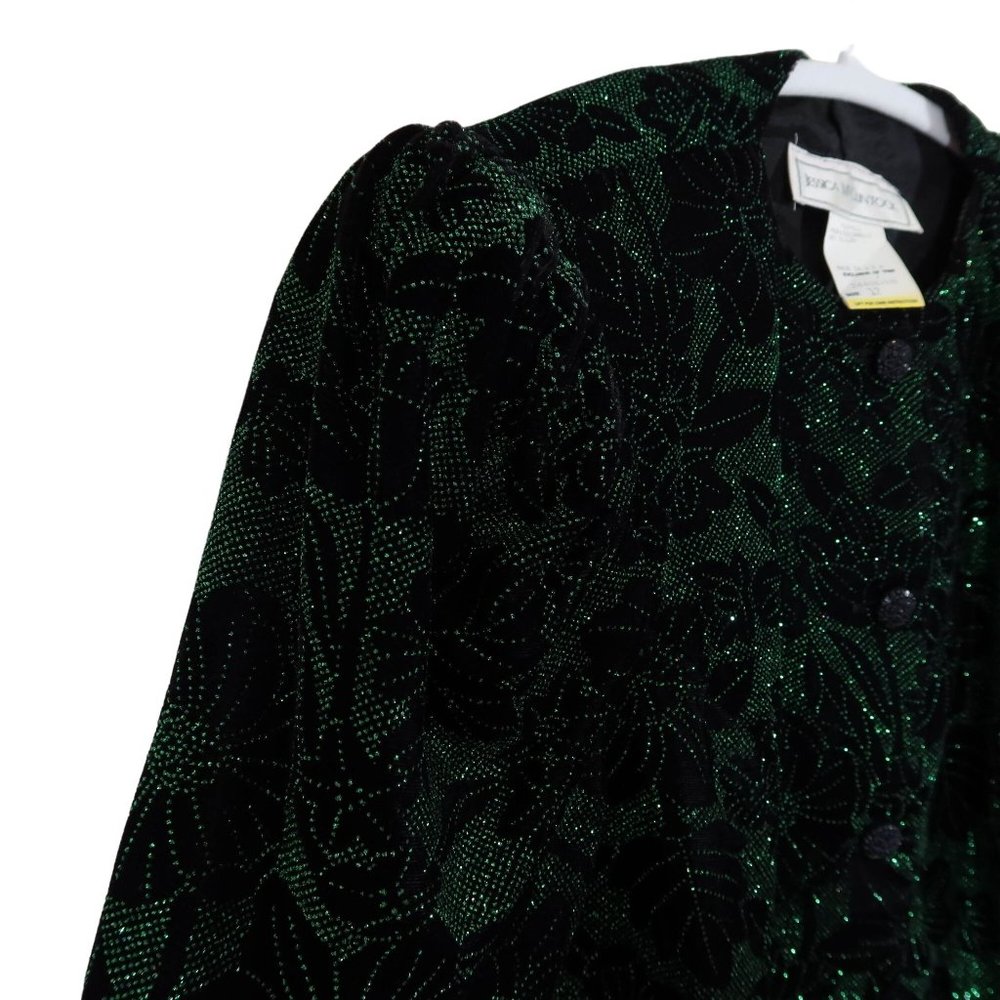 Vintage JESSICA MCCLINTOCK Size 12 Black Green Velvet Sparkle Puff Sleeve Jacket - Picture 4 of 7